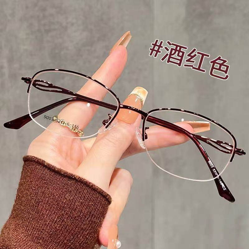 New Women's Half-Frame Oval Glasses Frame Wholesale Diamond-Encrusted Craft Legs Ip Electroplated Business Myopia Frame Genuine