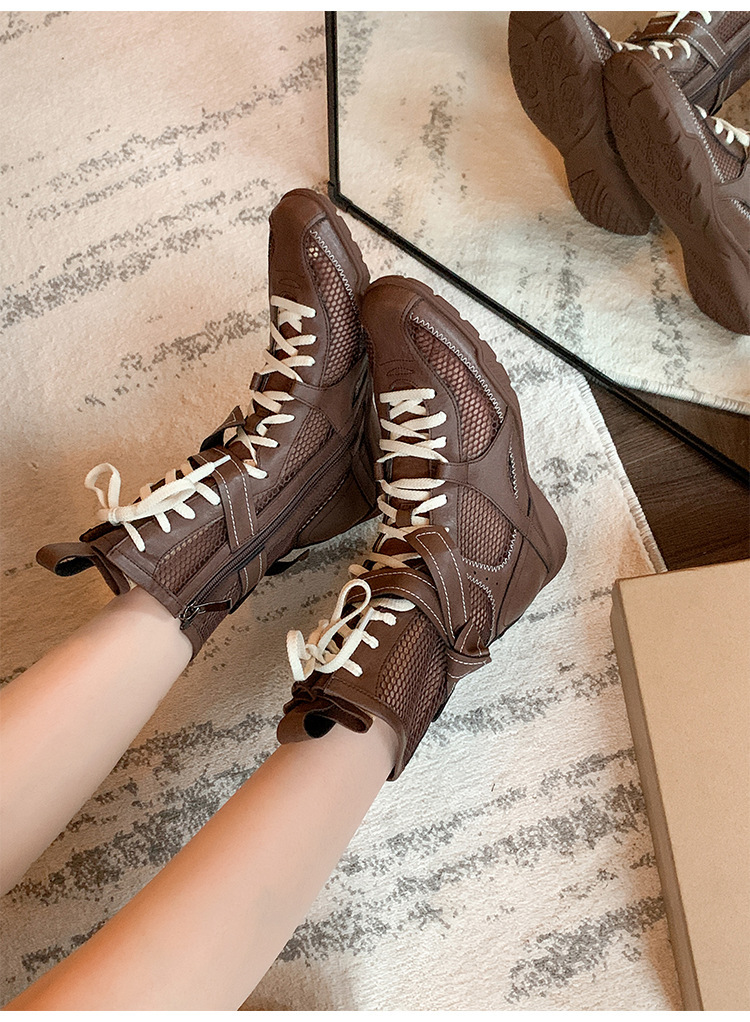 Boot nữ dây buộc phong cách boxing, đế dày, cổ thấp, khóa kéo bên hông — màu đen, Màu lạc đà, Màu nâu