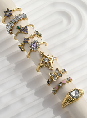 外贸个性女饰 时尚潮流粉色爱心蝴蝶紫钻葡萄花朵几何戒指九件套