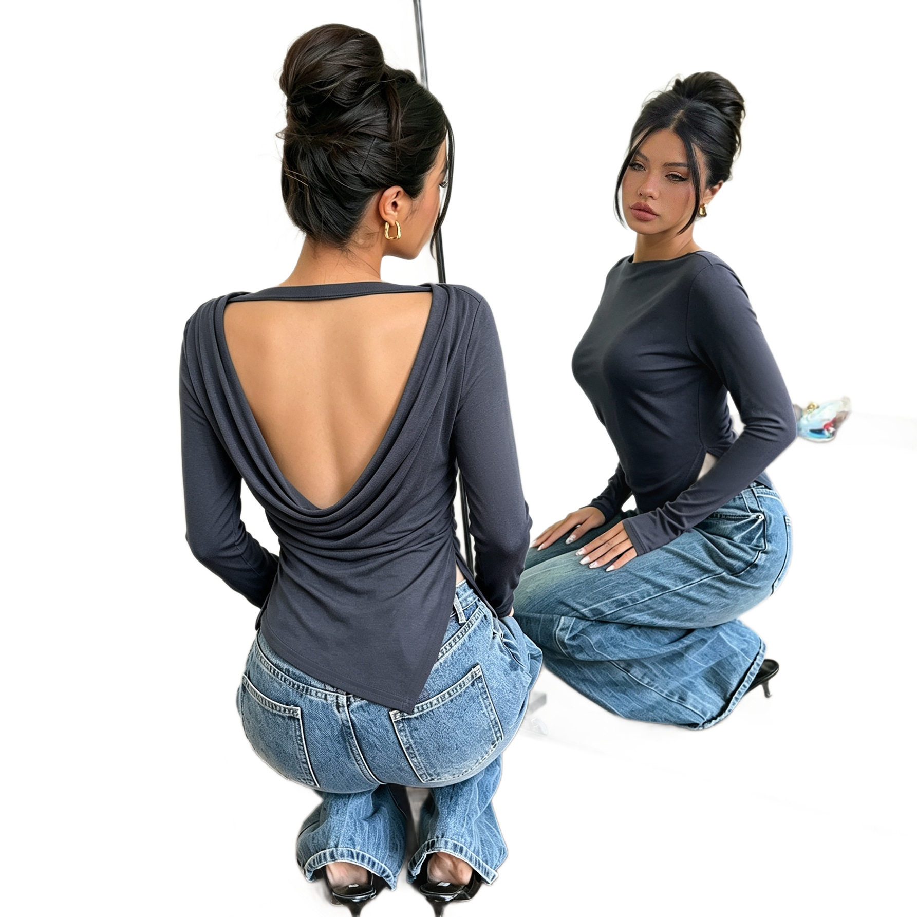Off Shoulder Long Sleeve Top Slim Fit Backless Design Asymmetrical Hem Side Slit Casual Wear for Women OEM