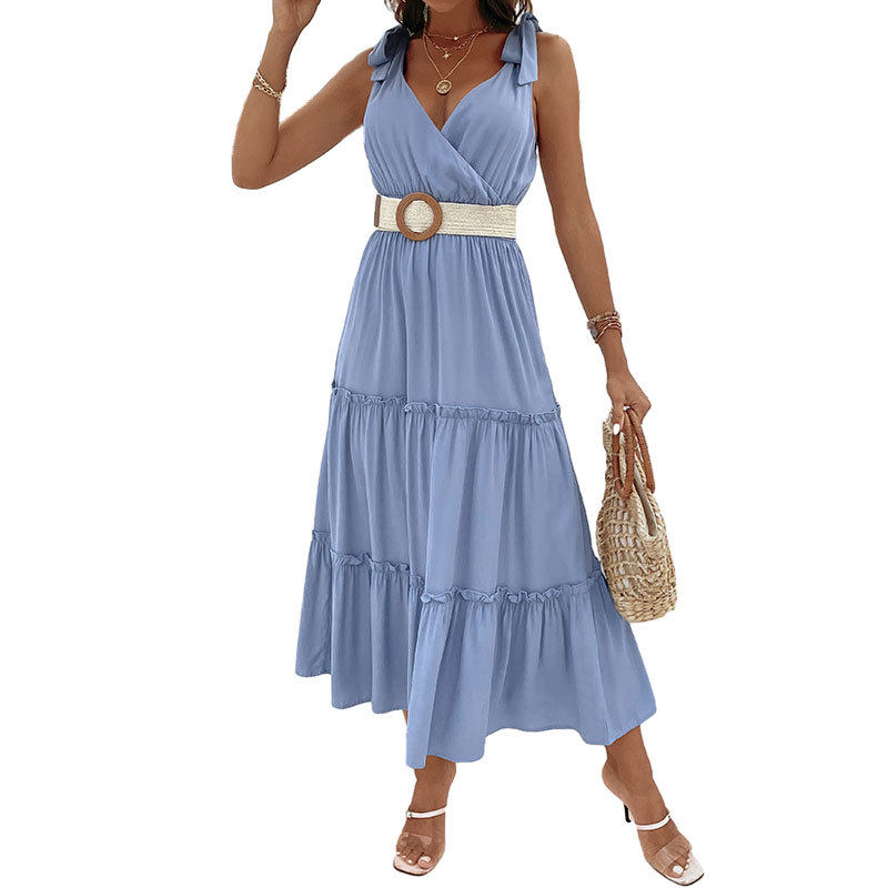 Summer Casual Dress Solid Color Ruffled Hem High Waist Sleeveless Beach Vacation Wear Wholesale Available