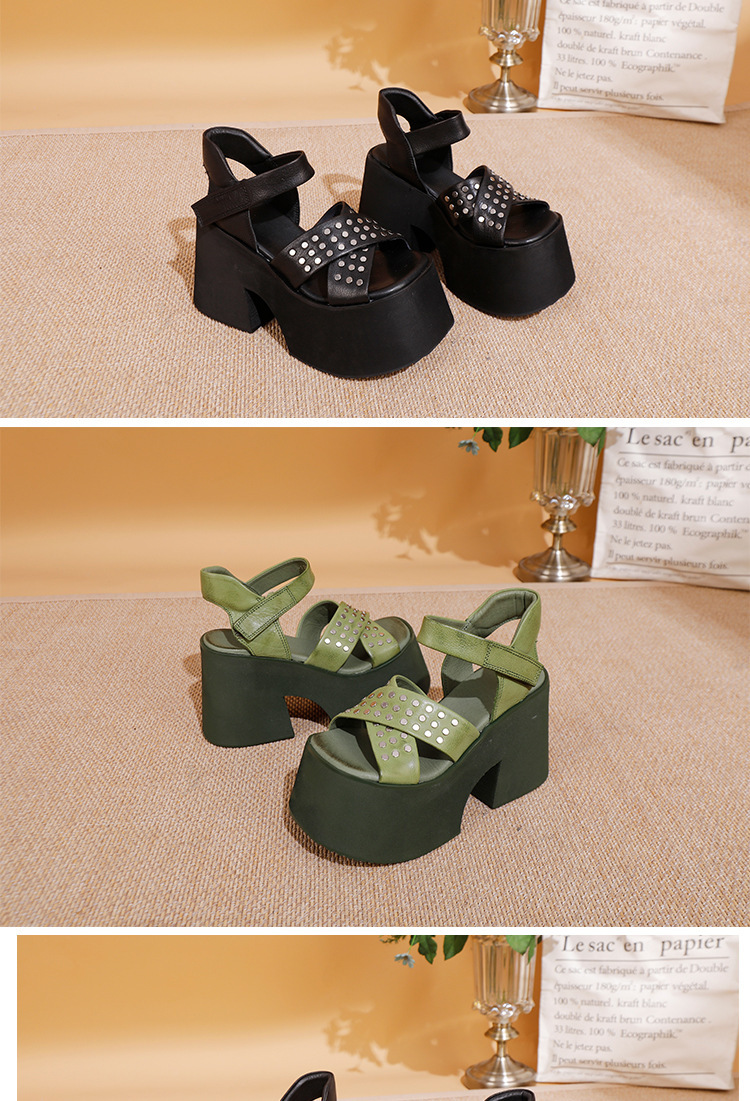 Sandal nữ da bò thật gót siêu cao đế dày kiểu La Mã đính đinh tán — Màu đen, Màu xanh lá