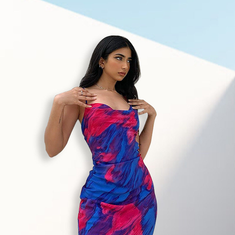 Summer Womens Dress Sexy Floral Print Ruffled Neckline Backless Midi Length Casual or Party Wear Wholesale