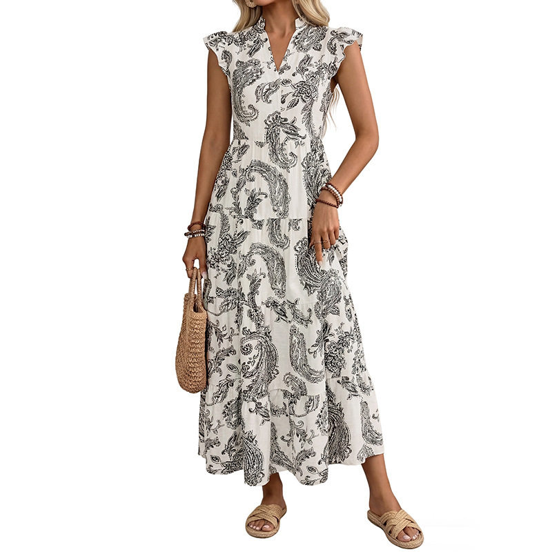 Casual Floral Print V Neck Short Sleeve Cake Dress Bohemian Style Perfect for Summer Vacations Wholesale Available
