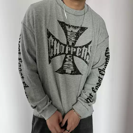 Vintage Retro High Street Loose Versatile Cross Sanskrit Gray Waffle Long-Sleeve T-Shirt Base Shirt for Men