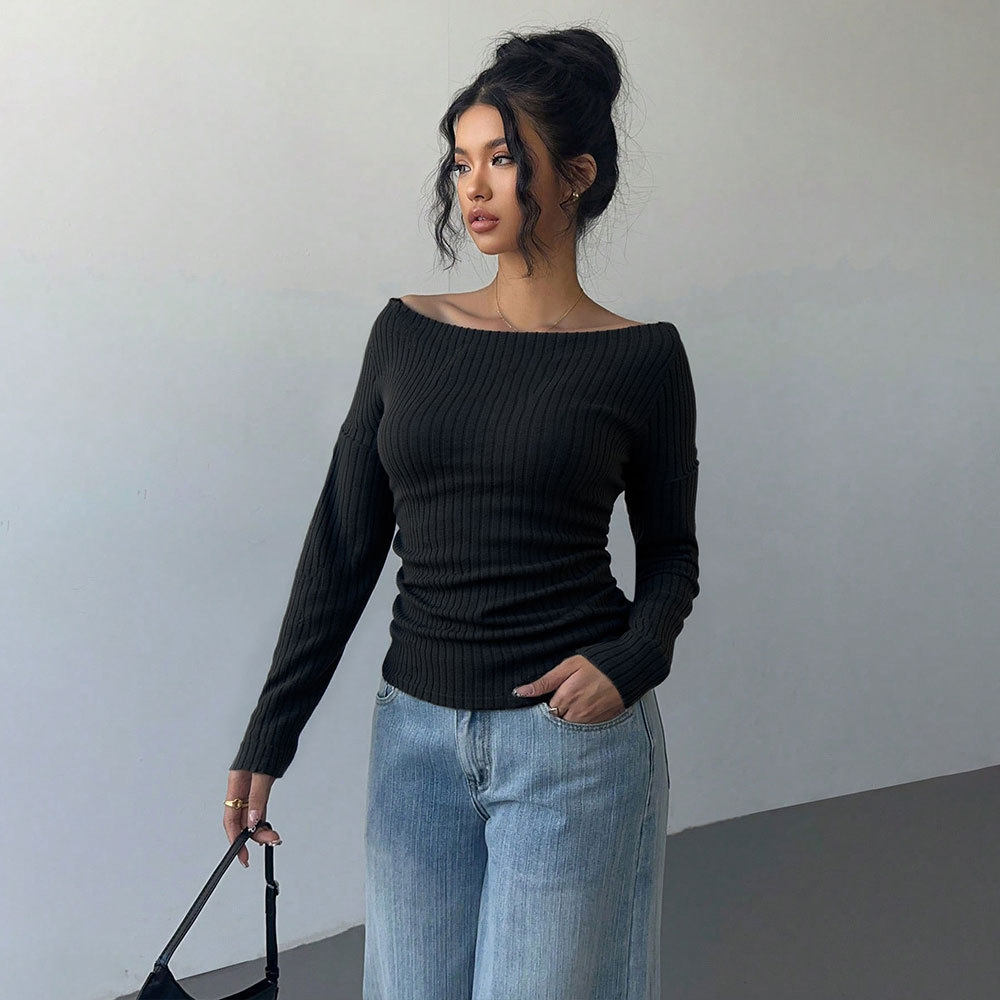 V Neck Long Sleeve Ribbed Knit Top Soft Fabric Slim Fit Solid Color Casual Wear for Women Wholesale Available