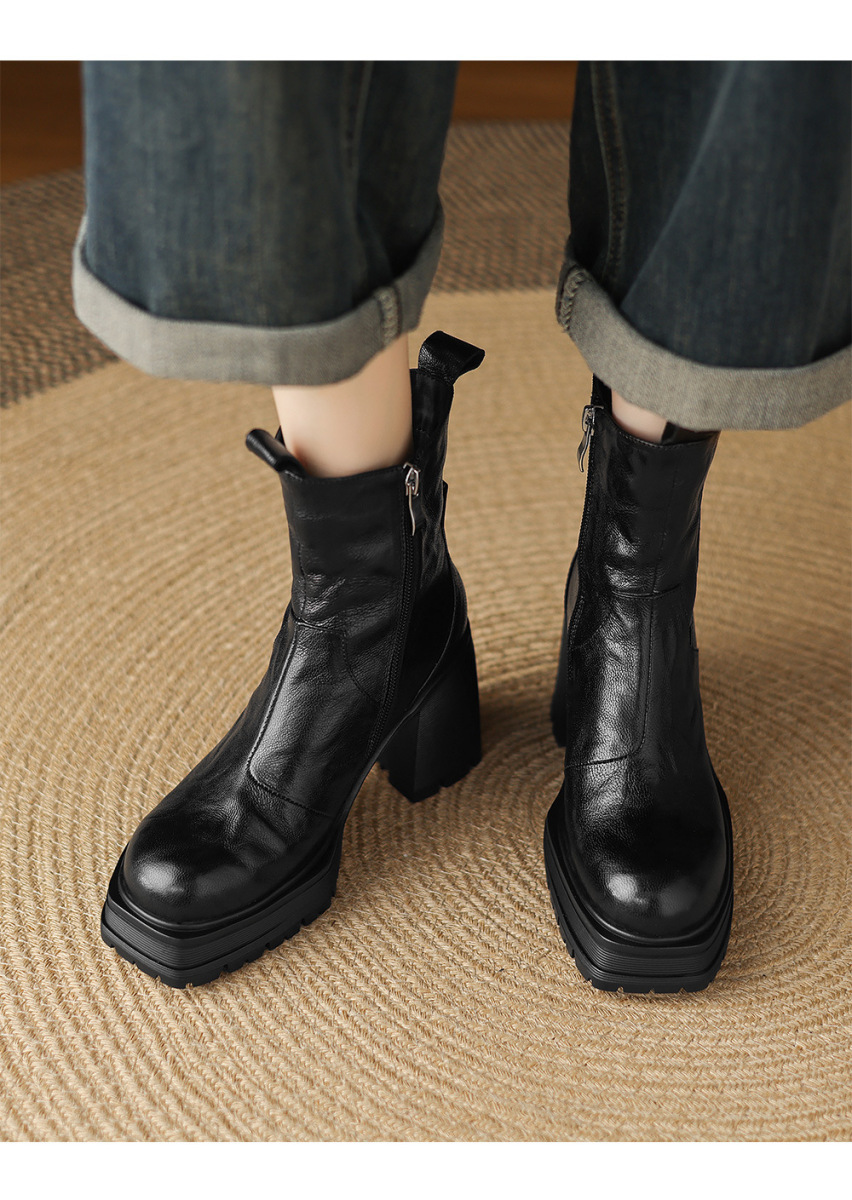 Boot Chelsea nữ gót cao đế dày mũi vuông lót lông cổ V — Lớp lót đơn màu đen, Lớp lót đơn màu nâu