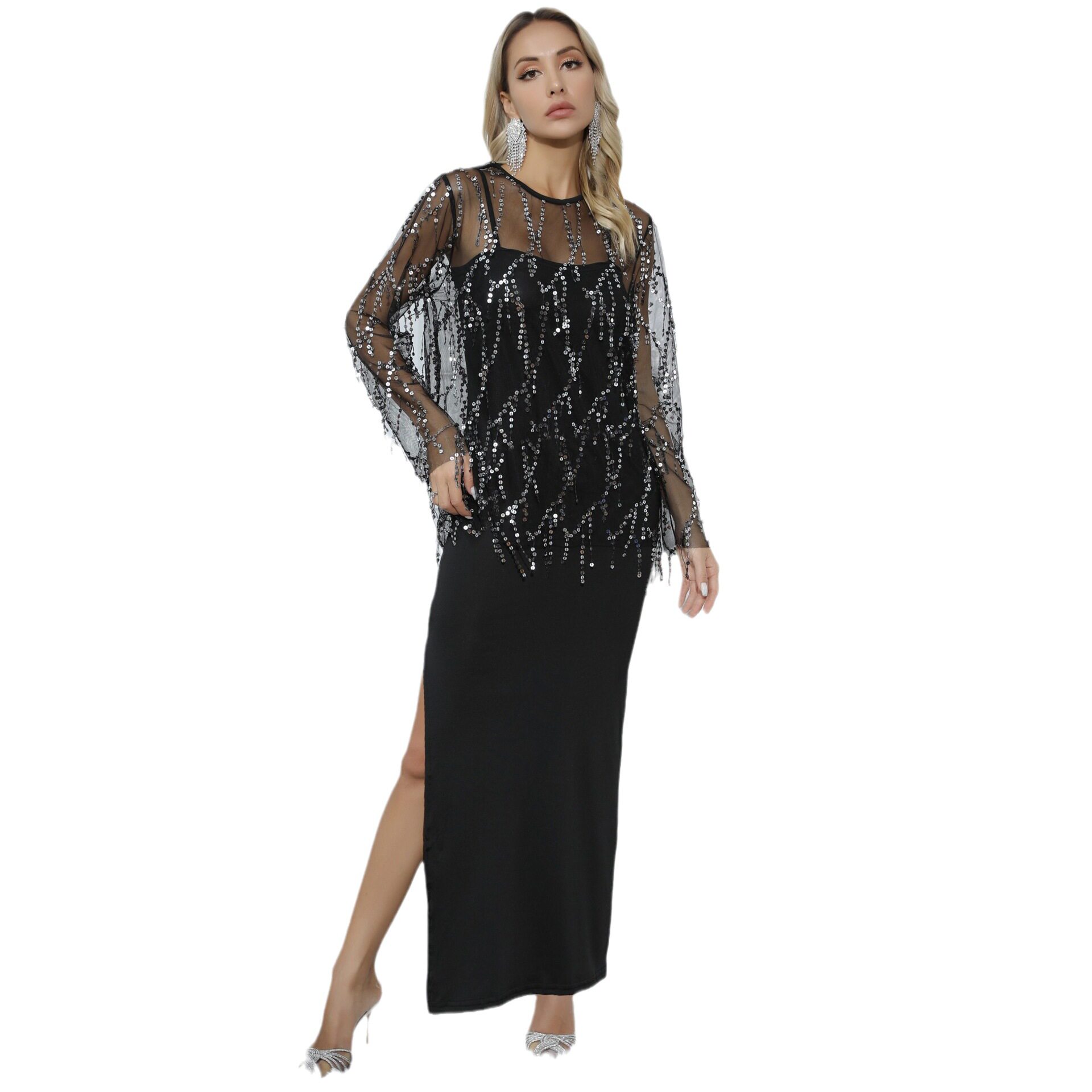 Sequin Fringe Cover Up and Cami Maxi Dress Set Stylish Elegant Lightweight Perfect for Autumn Events Wholesale