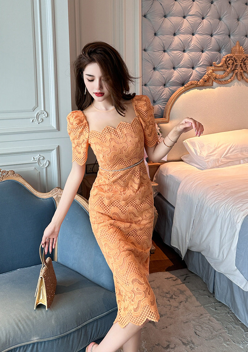 Đầm ren ôm body nữ cổ tròn tay ngắn cao eo — [Xoài đá] chi tiết 4