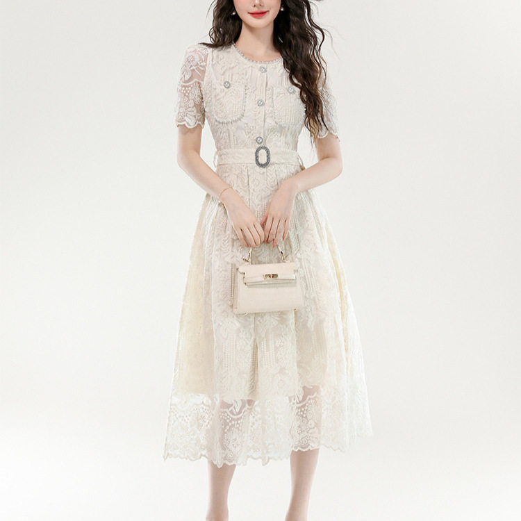 Elegant French Style Lace Embroidered Short Dress Waist Cinching Design Fashionable Silhouette Ideal for Parties