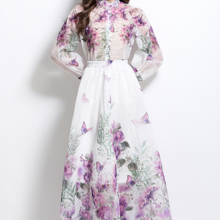 Womens High End Floral Print Two Piece Set Lantern Sleeve Top High Waist Skirt Spring Fashion for Elegant Occasions