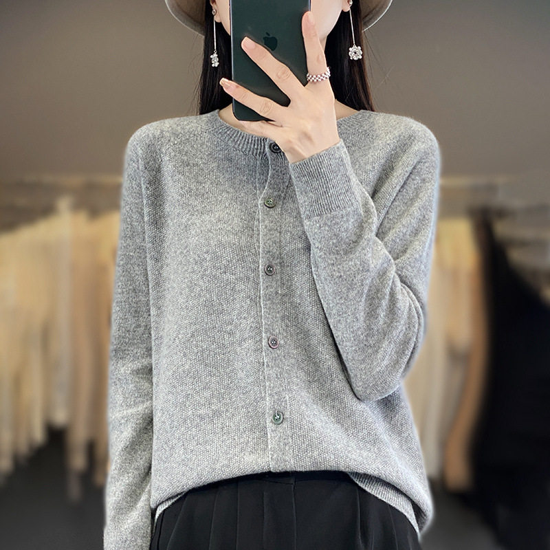 美丽诺纯羊毛开衫女一线成衣无缝一体金银丝外套针织长袖外搭毛衣