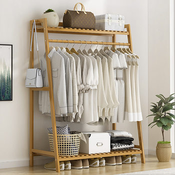 Floor-Standing Clothes Rack, Simple and Thickened Solid Wood Bedroom Coat Rack, Clothes Hanger, Household Movable Clothes Drying Rack, Storage Rack