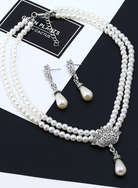 欧美项饰品新娘珍珠水晶镶钻短款锁骨颈项链套装耳环韩版气质项链