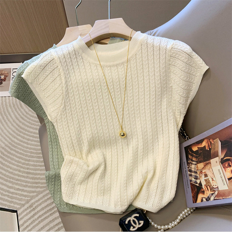 เสื้อสเวตเตอร์คอกลมกลวงเก๋สไตล์ฝรั่งเศสสำหรับผู้หญิง แขนสั้น...