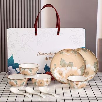 Camellia Ceramic Bowl, Plate, and Spoon Set Gift Box, Bowl and Plate Set Gift Box, Opening Event Gift, Business Gift