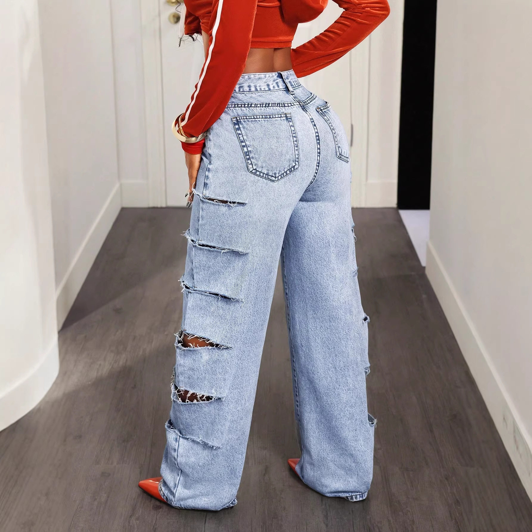 Wide Leg Denim Jeans Fashionable Loose Fit Hollow Out Design Versatile Style Casual Wear for Women Wholesale