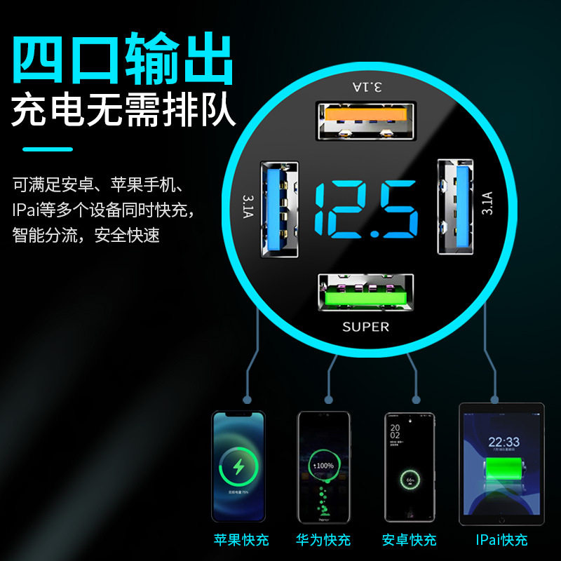 New aluminum ring PD + QC3.0 + 2.4A cross-border four-port car charger 4USB car charger factory direct sales