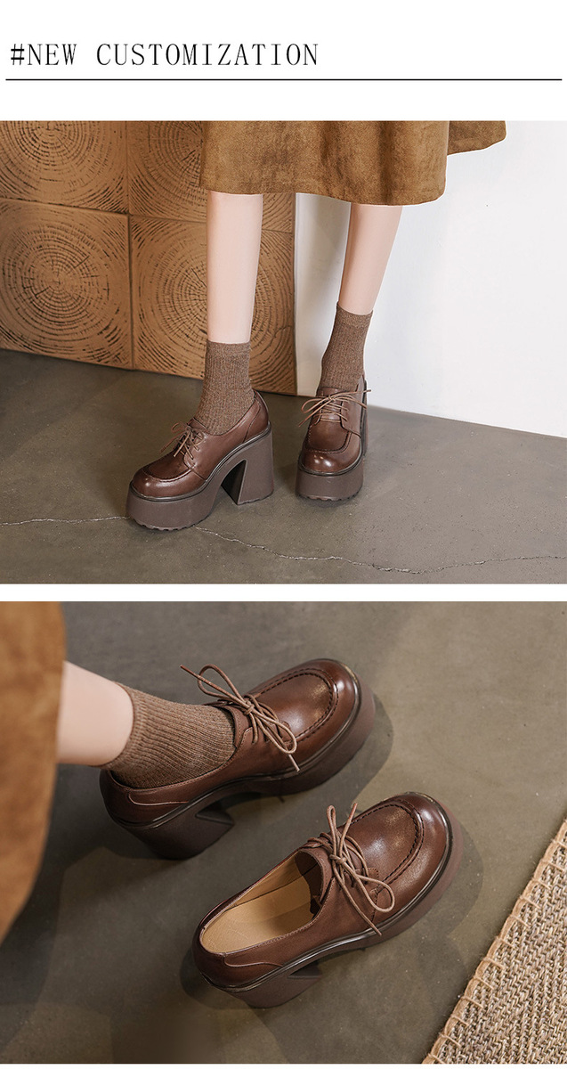 Giày cao gót nữ 12cm gót thô dây buộc phong cách lười đế xuồng — màu đen, Màu nâu nhạt