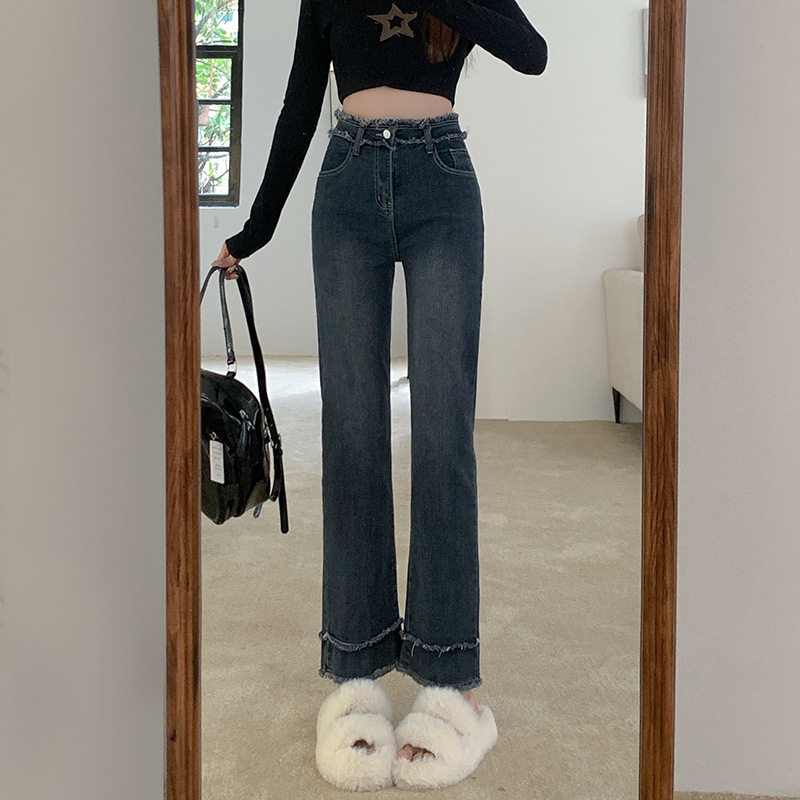 High Waisted Vintage Straight Leg Jeans for Women Korean Style Frayed Hem Loose Fit 3 4 Length Spring and Autumn