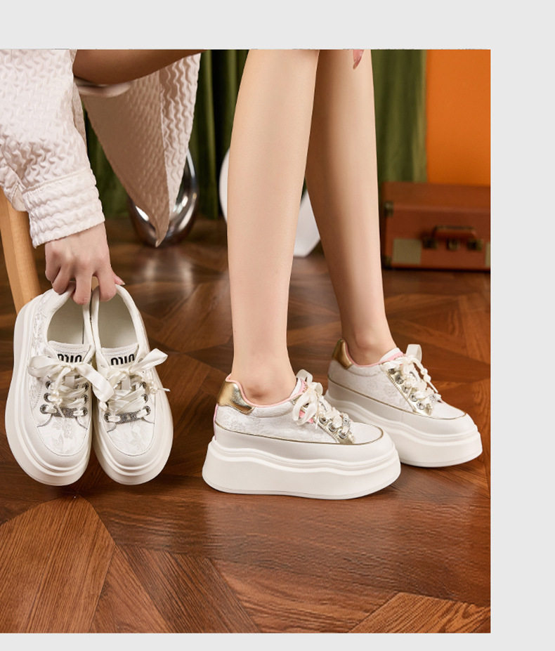 Giày sneaker nữ chunky đế dày phong cách Hàn Quốc, mũi tròn, dây buộc — Hồng vàng, Trắng chi tiết 10