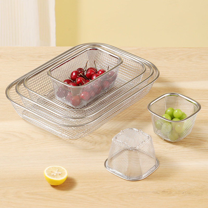 Stainless Steel Draining Basket Kitchen Fruit and Vegetable Mesh Basket Rectangular Vegetable Washing Basket Fruit Basket Drying Leakage Basin Sieve Basket