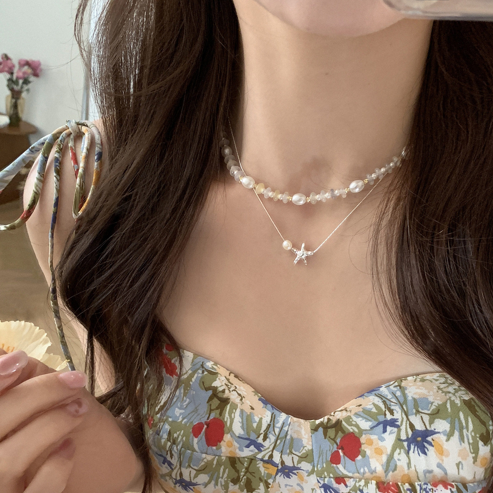 South Korea Ins Cool Style Light Luxury Elegant Gentle Starfish Pearl Necklace Women's Simple Niche Design Sense Clavicle Chain