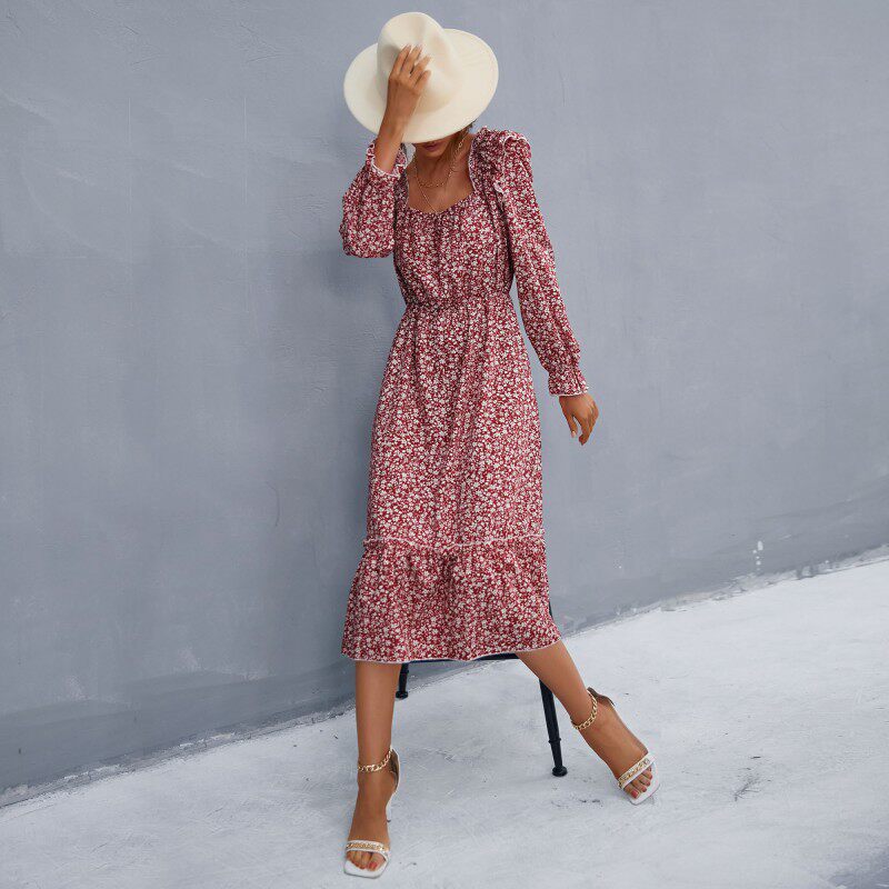 Floral Print Long Sleeve Dress Square Neck Spring Fashion Womens Apparel Wholesale Available