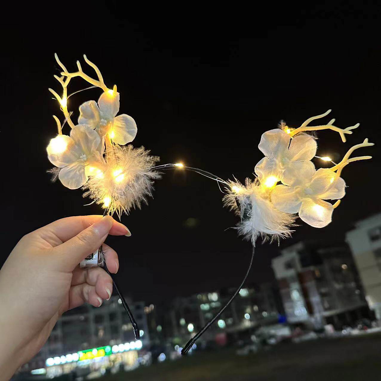 跨境热卖14灯毛毛兔耳朵发光发箍地推金丝羽毛猫耳朵发光头箍玩具