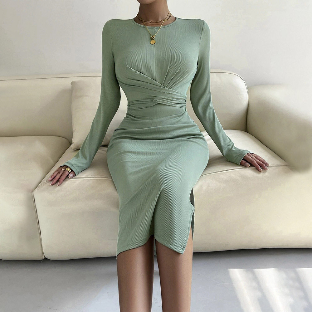 Womens Long Sleeve Bodycon Midi Dress Round Neck Slim Fit Elegant Style Perfect for Parties and Events Wholesale