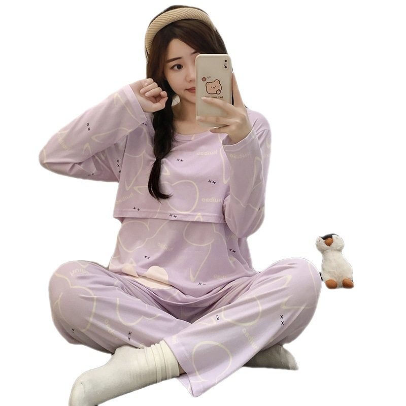 Autumn and winter New pregnant women's pajamas cute bear round neck nursing confinement clothes long sleeve homewear more than suit