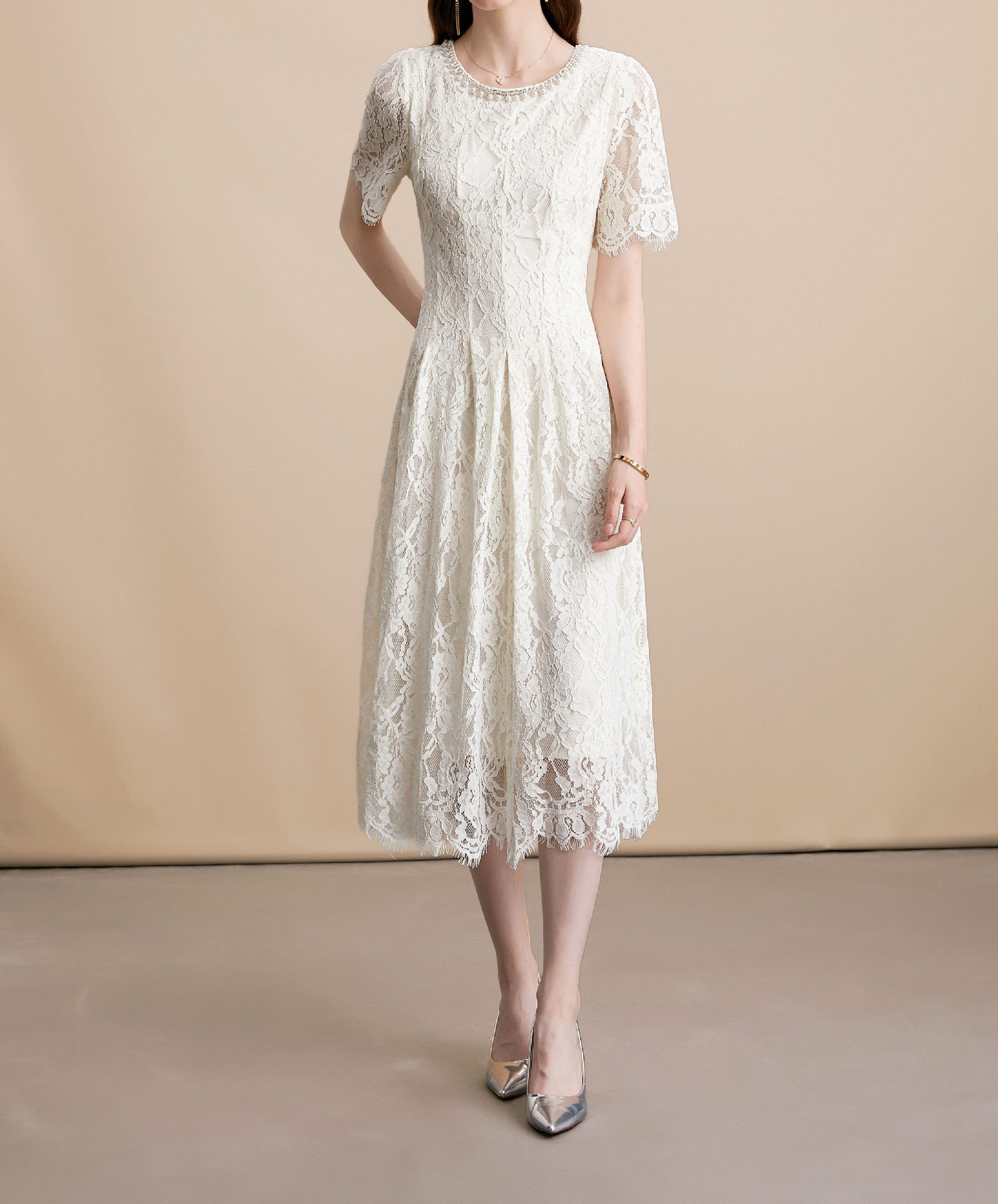 Đầm maxi nữ ren cổ tròn tay ngắn thắt eo — Xanh đen, Ghế, Xanh tro chi tiết 3