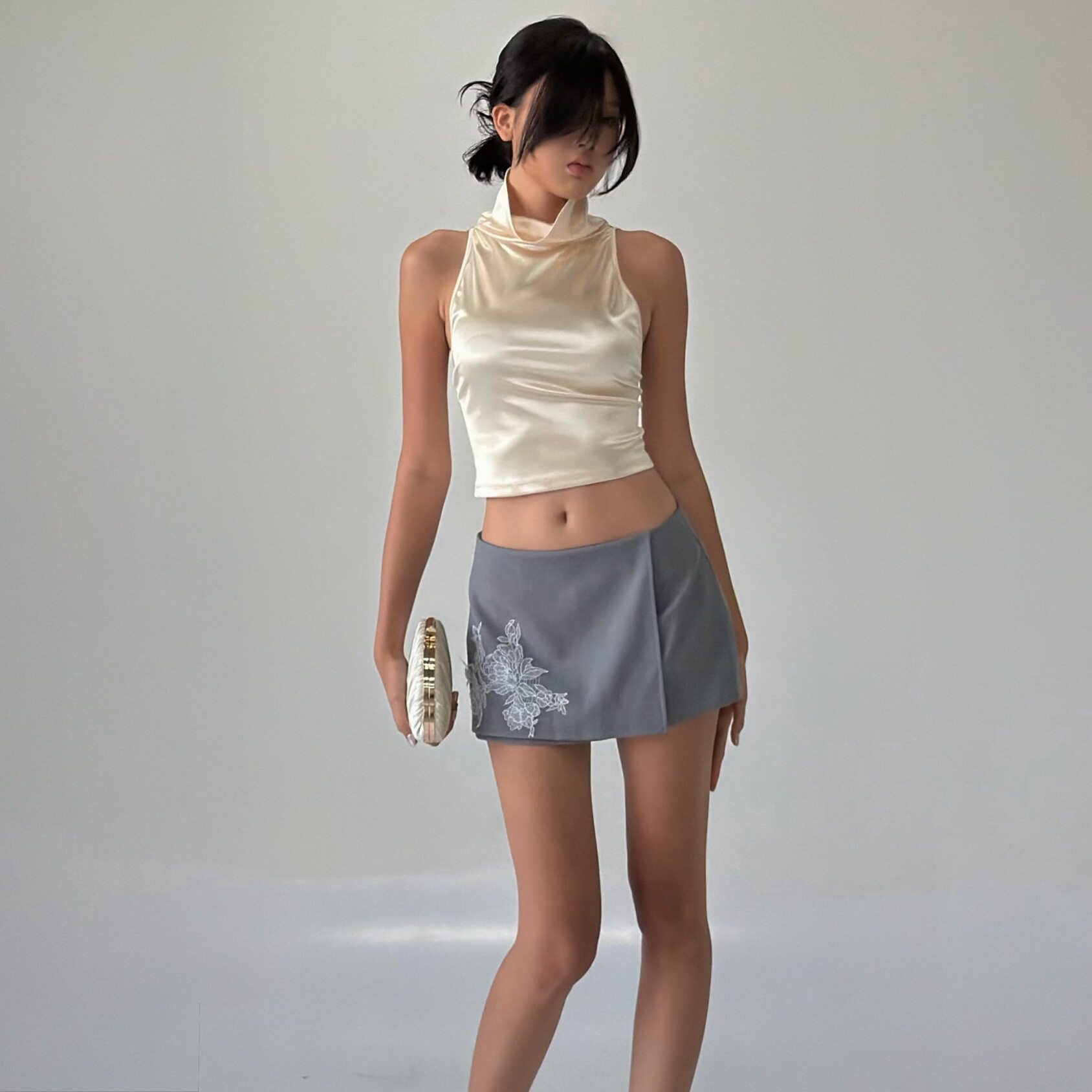 Womens Summer Set Slim Fit High Neck Cropped Satin Top with Embroidery Bodycon Skirt Wholesale Available