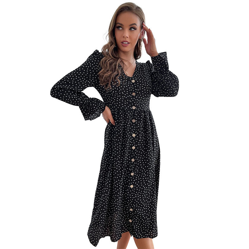 Black Polka Dot Long Sleeve Dress Elegant Design Autumn Fashion Comfortable Fit Wholesale Available