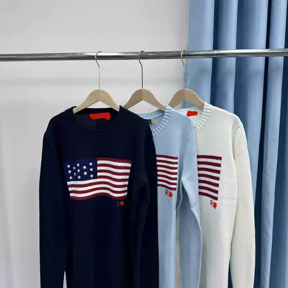 High Version R.L European and American New Loose Round Neck National Flag Pattern Simple Versatile Knitted Sweater Casual Versatile