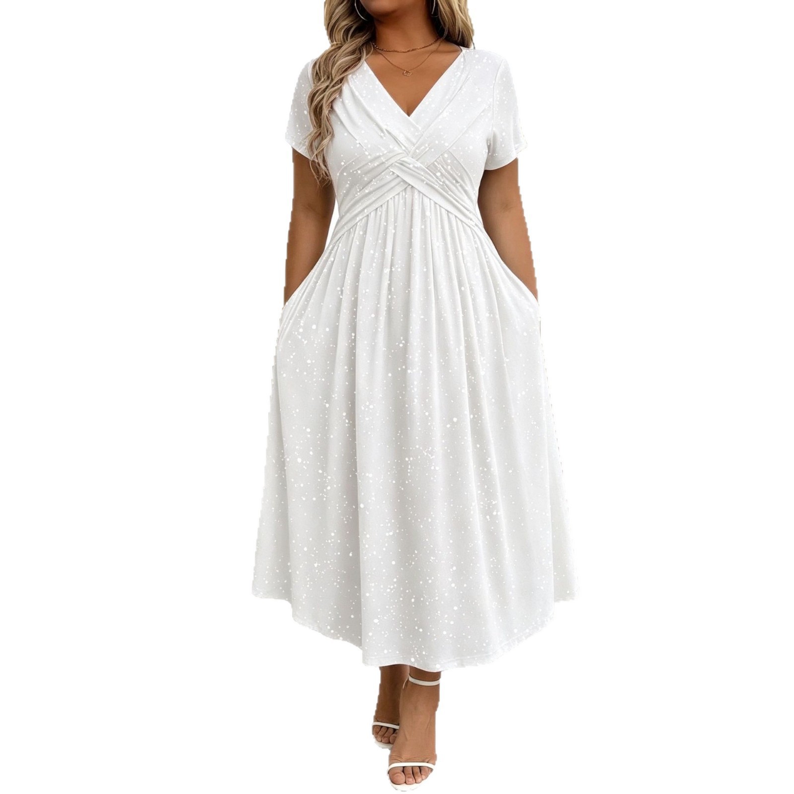 V Neck Short Sleeve Bodycon Dress Shimmering Fabric Waist Defining Fit Summer Style Wholesale Available