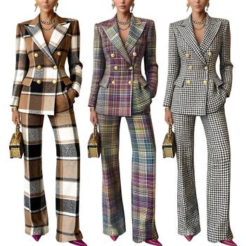 10952 Amazon European and American Fashion Women's Autumn and Winter Work Clothing Plaid Printed Long-Sleeved Slim Suit Pants Suit