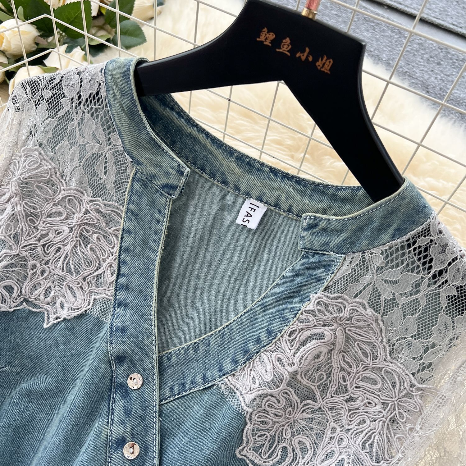 V Neck Lace Panel Short Sleeve Denim Dress for Women Slim Fit Summer Style Available in Blue Wholesale Sizes M to XXL