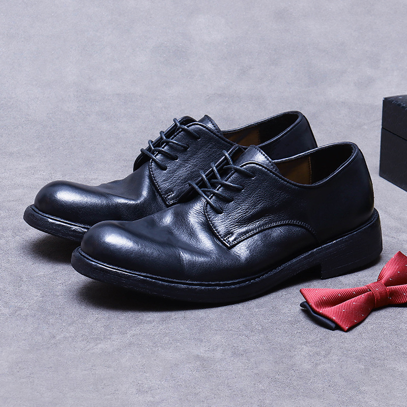 Giày Derby nam da bò thật mũi tròn đế da khâu tay Goodyear — Màu đen
