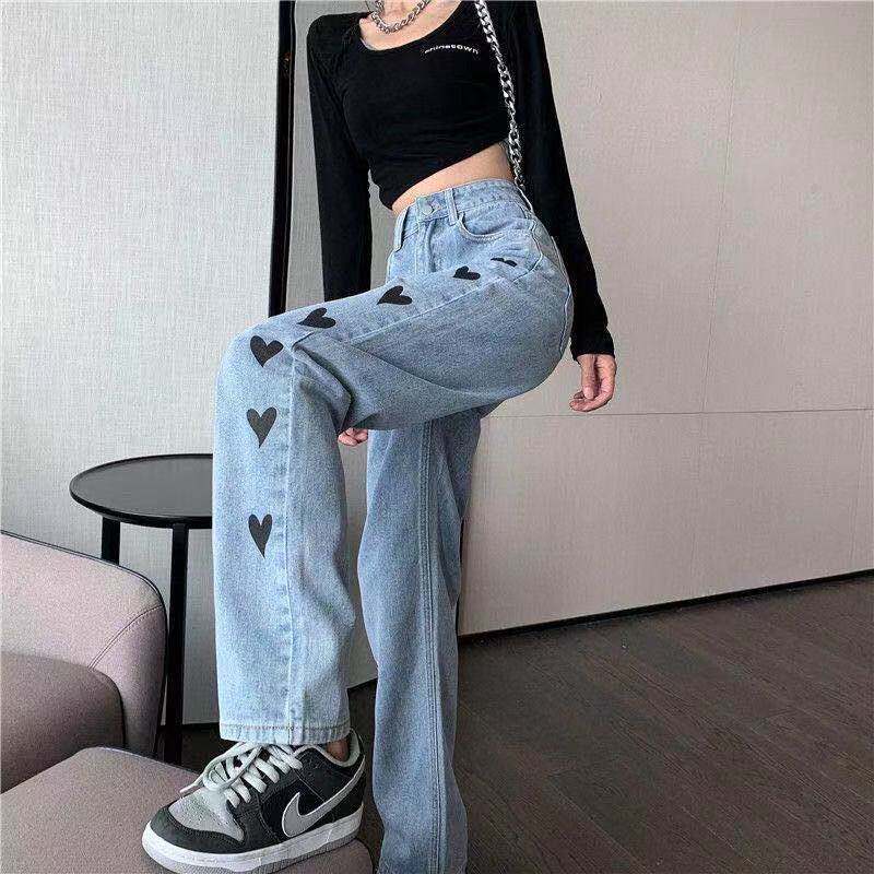 High Waisted Embroidered Heart Denim Pants Slim Fit Loose Wide Leg Casual Style Fall Collection Wholesale Available