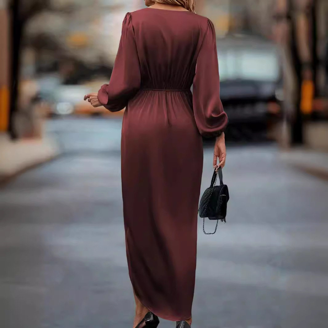 Fashionable Solid Color V Neck Long Sleeve Dress for Women Waist Defining Split Hem Elegant Style Perfect for Parties
