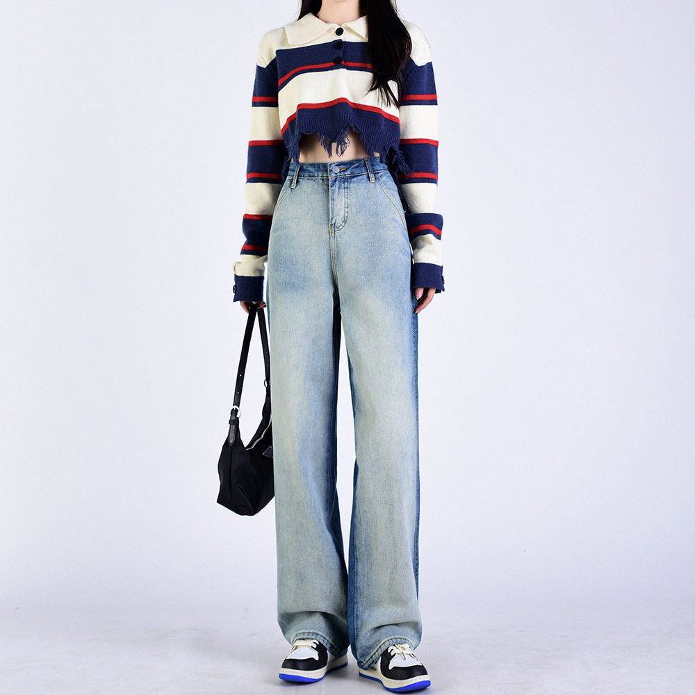 High Waisted Gradient Color Block Womens Jeans Slim Fit Loose Wide Leg Trendy Design Fall Winter Fashion Wholesale