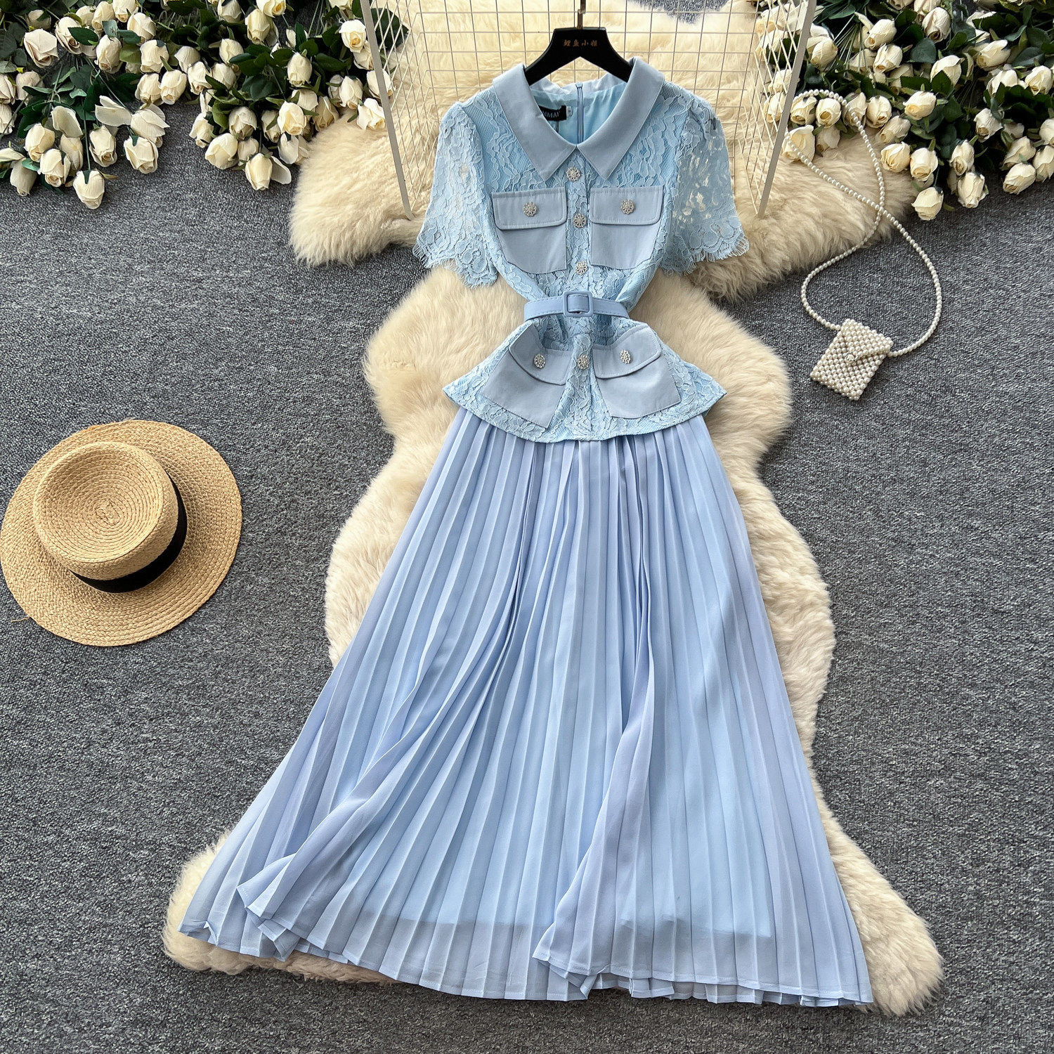Red Lace Trimmed Dress French Chic Elegant Pleats Summer Style Perfect for Commuting and Special Occasions