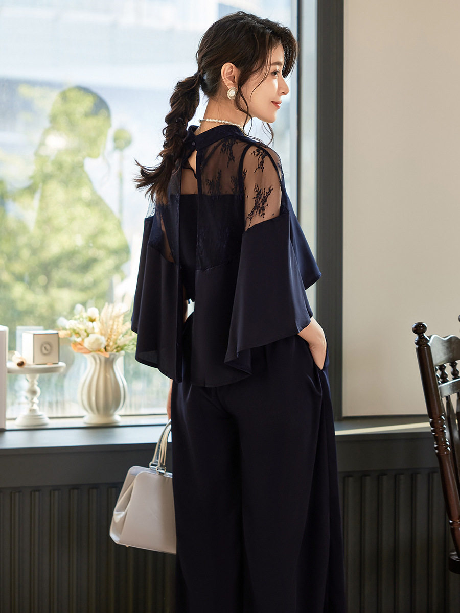 Cuiying Xia Xin Elegant Sleeve Lace Spliced Ruffle Top Slim Korean Style Wide Leg Pants Suit Women 88306