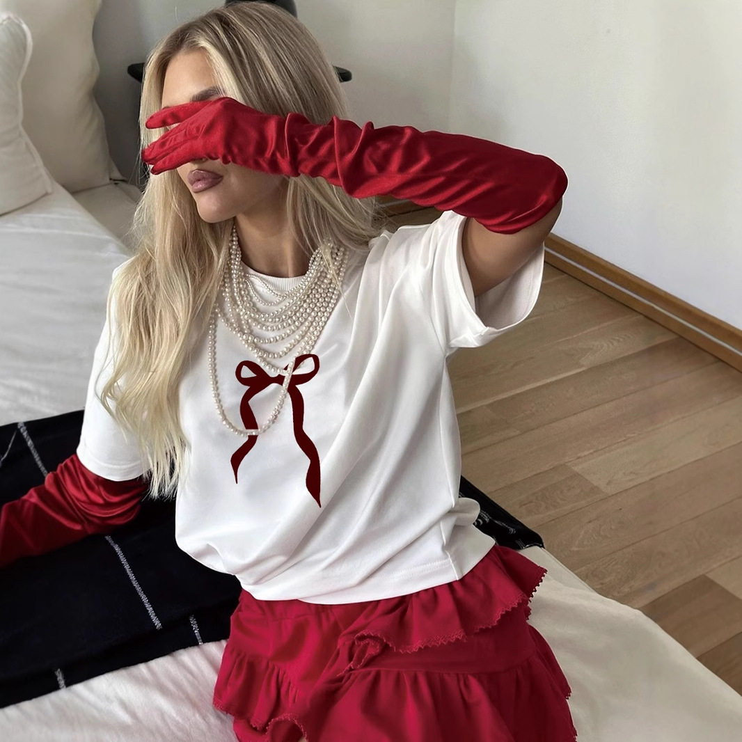 Womens Vintage Bow Print T Shirt Summer Casual Style Loose Fit Round Neck Short Sleeve 100 Cotton Wholesale