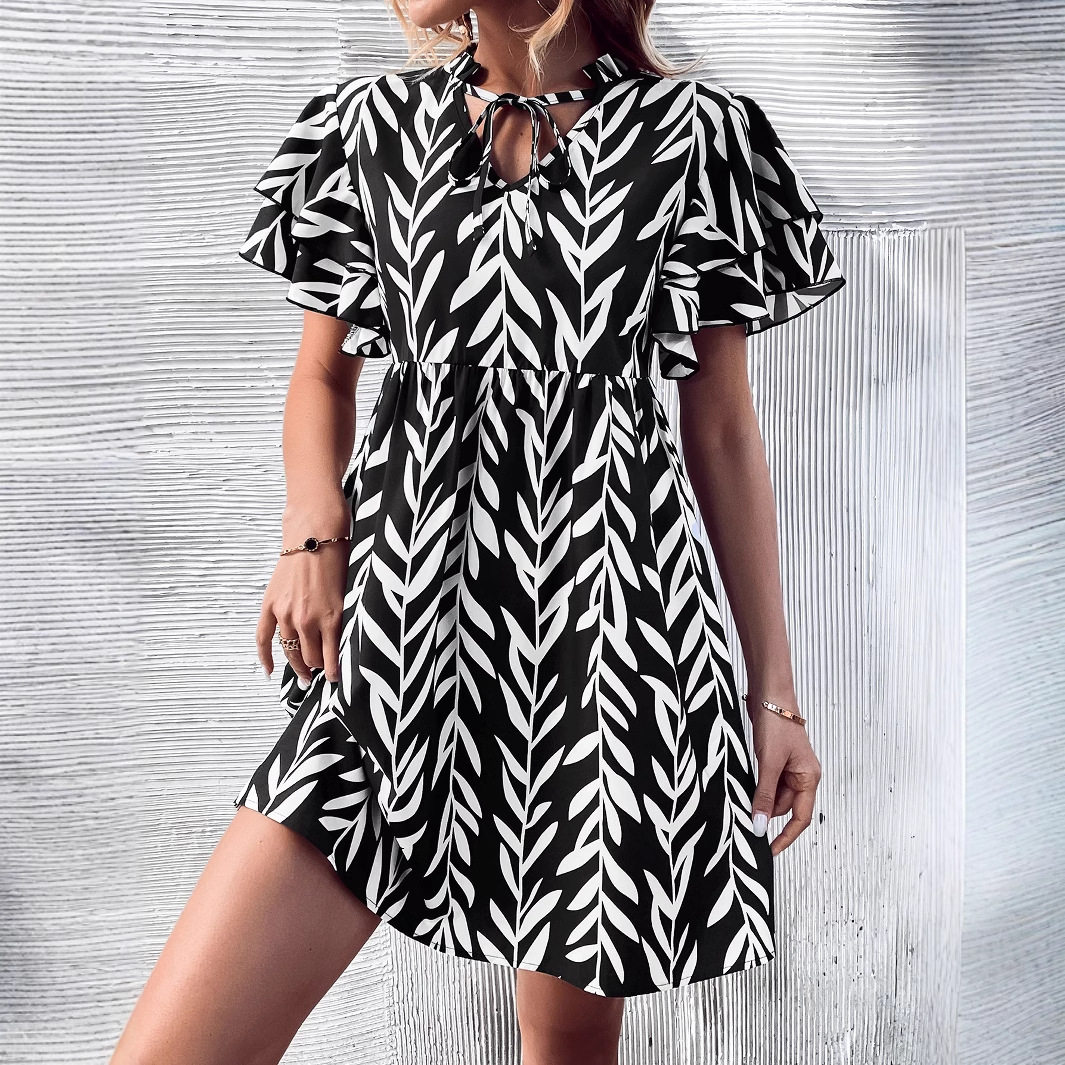 V Neck Floral Print High Waisted Dress Elegant Design Comfortable Fabric Perfect for Summer Events Wholesale Available
