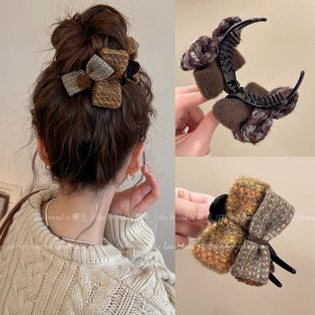 Retro Elegant Contrasting Color Woolen Bow Ball Clip Women's Versatile Daily Clip 2025 New Hair Clip Head Accessories