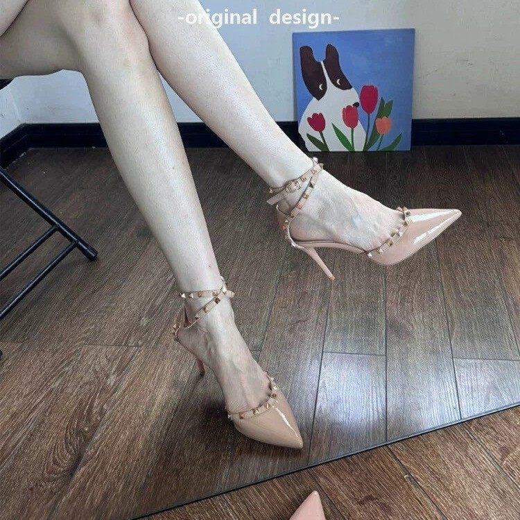 Nude high-heeled shoes for women stiletto heel rivets temperament high-end non-tiring feet toe-strap single shoes