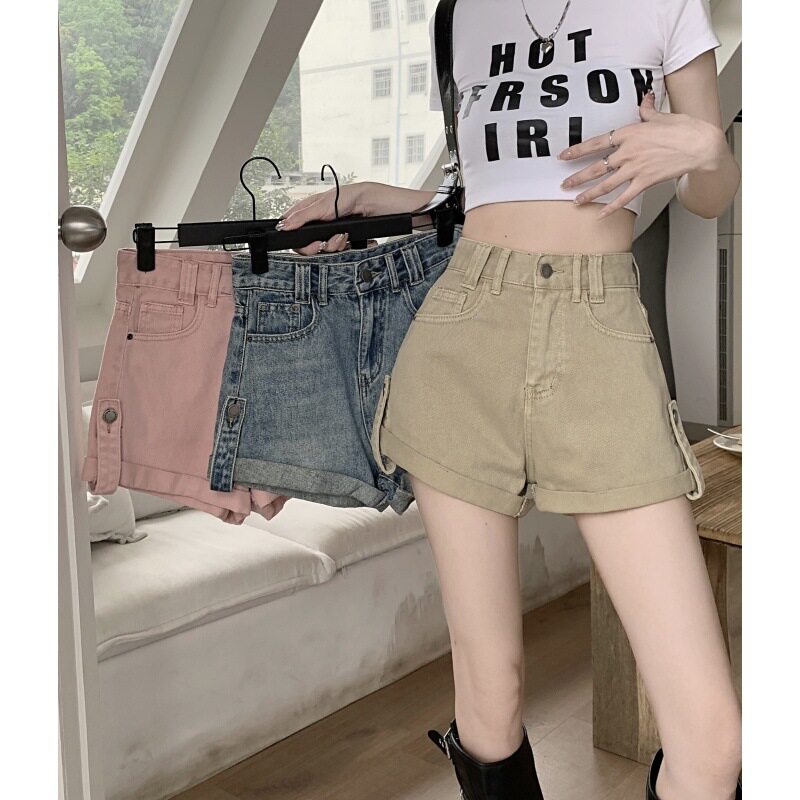 High Waisted Womens Denim Shorts Loose Fit Lightweight Rolled Hem Flared Style Summer Casual Wear Wholesale
