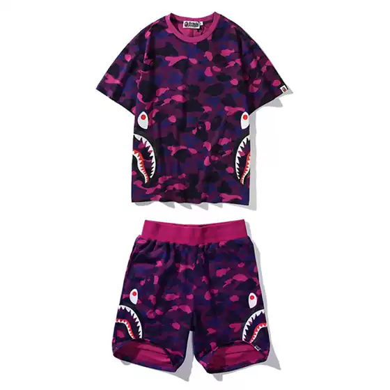 Shark Head Print Set Youth T-Shirt Sports Shark Bape Japanese Fashion Short-Sleeved Oneweard Camouflage